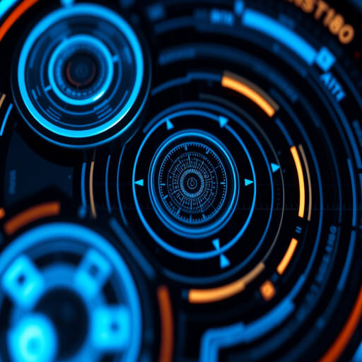 Create a futuristic interface with glowing blue circular elements and a dark grid background, using a DSLR camera at f/2.8 aperture, ISO 100, 1/60 shutter speed, top-down view, and a macro lens for enhanced detail.
