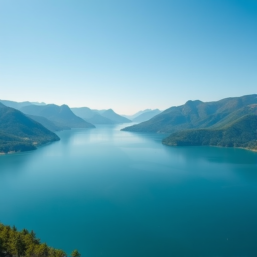 Generate a high-resolution image of a serene landscape featuring a wide, tranquil lake surrounded by lush green mountains under a clear blue sky, captured with a Canon EOS R5 at ISO 100, f/8 aperture, 1/250 shutter speed, wide-angle lens at 24mm, using a landscape photography style.