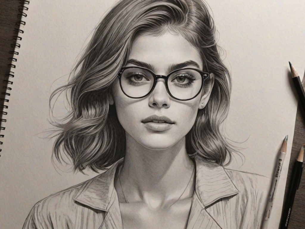 Superb Kaia Gerber, pencil sketch, portrait of Ravishing woman 1938s in glasses, hair style beatnik, outline, clear lines, fine lines, 8k
