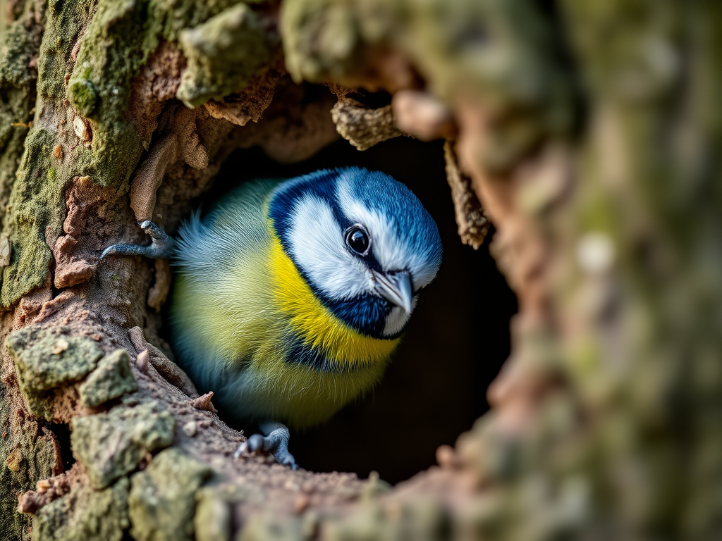A vibrant blue tit peeking out from a tree hollow, captured with a DSLR camera at 200mm, ISO 400, aperture f/5.6, natural light, shallow depth of field, soft bokeh background.