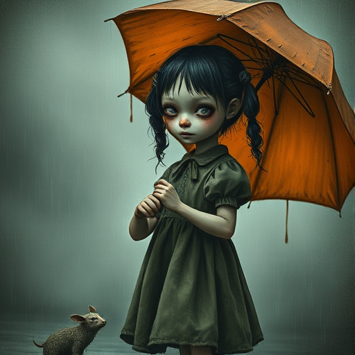 An eerie, weird little girl with dark hair in thin pigtails, wearing a smock dress, standing in the rain, holding a dirty orange umbrella, a small, odd creature beside her. In a surreal style inspired by Nicoletta Ceccoli and Brian Froud. Dark fantasy themes