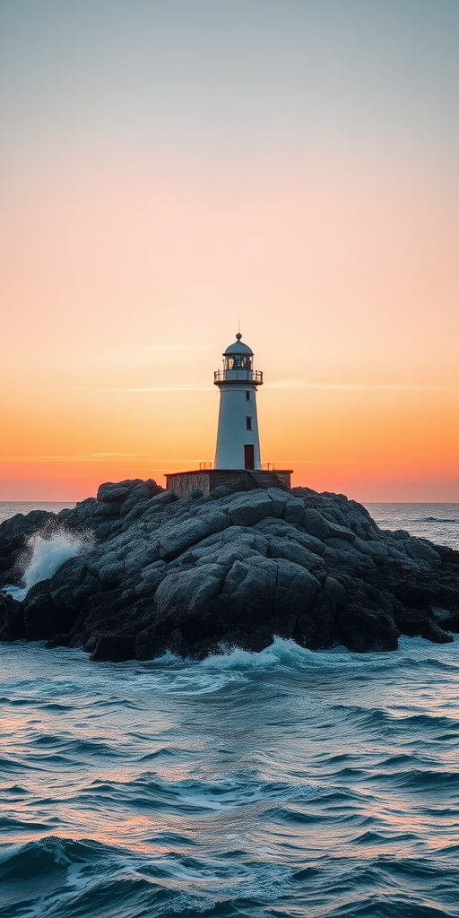 lighthouse on a rocky island during sunset with waves crashing, soft pastel sky, taken with a Canon EOS 5D Mark IV, aperture f/8, shutter speed 1/125 sec, ISO 100, wide-angle view for enhanced depth, landscape style for vibrant colors and clear details