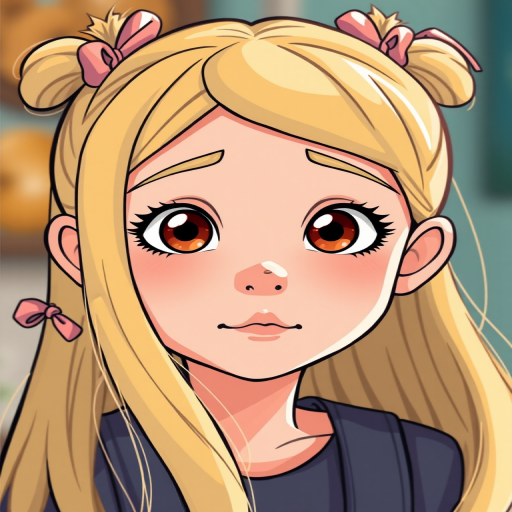 Generate a high-resolution cartoon face of a girl with long blonde hair and two pink hair ties, using a Canon EOS R5 with a 50mm f/1.2 lens at ISO 100, aperture f/2.8, and a shallow depth of field for a soft background effect.