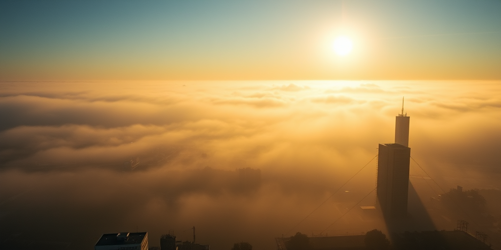 Regenerate a landscape image of a city shrouded in morning fog, captured with a DSLR camera with a 50mm lens at f/1.8, ISO 100, 1/200s, shot from a high vantage point to emphasize depth, soft focus on the fog silhouettes and warm light filtering through.