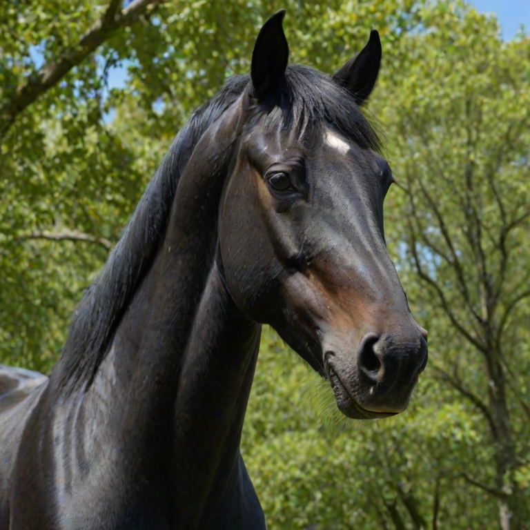 Generate an image of a close-up of a black horse's head against a clear blue sky and green trees in the background.