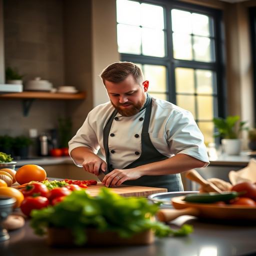 A male chef in a modern kitchen, chopping colorful vegetables on a wooden cutting board, natural light streaming in through large windows, shallow depth of field, aperture f/2.8, ISO 200, 50mm lens, soft focus on the chef, vibrant colors, warm tones.