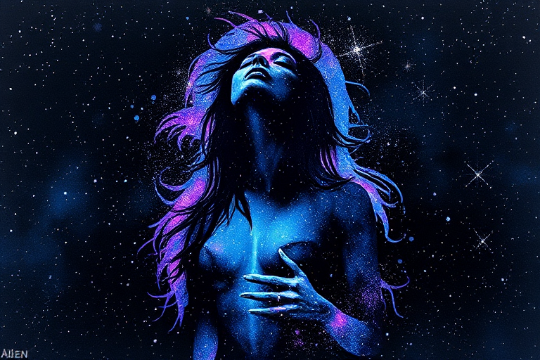 Captivating conceptual render alcohol ink art, double exposure, the paint strokes artfully merge combining a woman's full silhouette with a Jolly jellyfish's silhouette. The figures are composed of a series of colored dots, lines & spots that evoke the image of a cosmic galaxy, colors are deep shades of blue purple & black with flashes of white & silver representing distant stars. The woman's silhouette is formed within the lion's silhouette from constellations of scattered stars, surreal