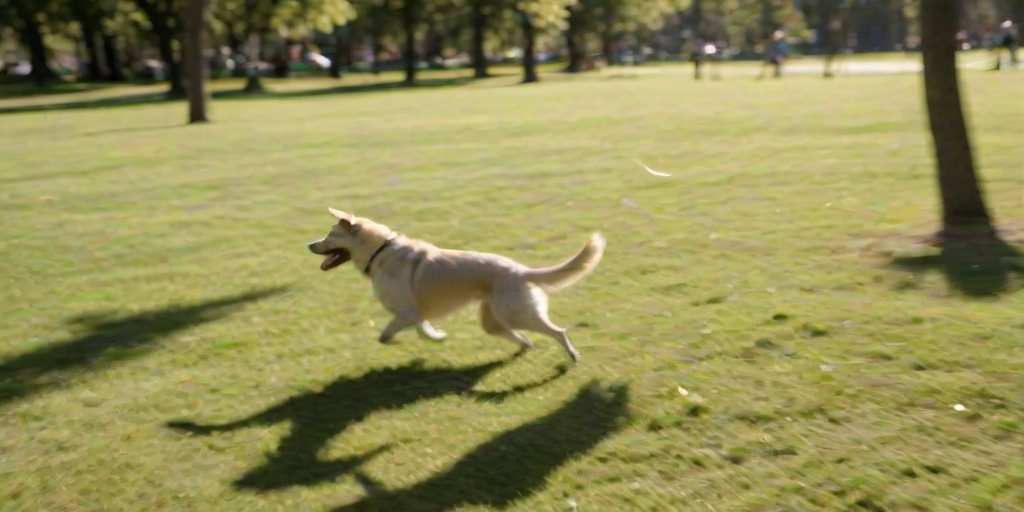 Blurry, candid photo of a dog chasing a frisbee in a park, soft focus on the motion, distant trees casting long shadows, and the sound of children laughing and playing in the background.