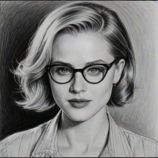 Lovely Evan Rachel Wood, pencil sketch, portrait of Fascinating woman 1931s in glasses, hair style beatnik, outline, clear lines, fine lines, 8k