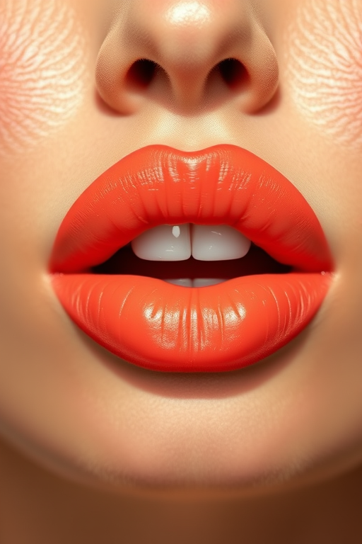 Vibrant coral lips with a satin sheen, full and voluptuous, capturing the essence of summer and youth, radiating warmth and energy