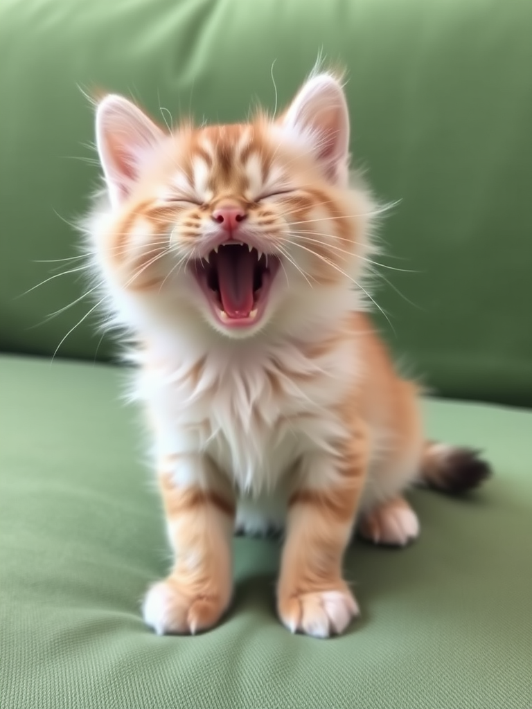 Cute fluffy kitten sitting on a green couch yawning with its eyes closed and mouth open showcasing its playful expression and soft fur.