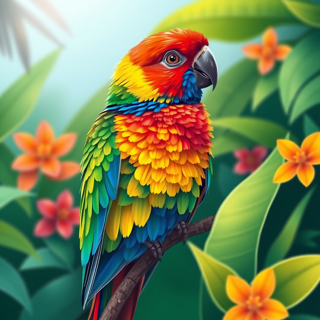 Create a vibrant illustration of a lorikeet perched among tropical foliage, using pointillism technique with bold colors, 50mm lens, f/2.8 aperture, ISO 200, soft focus with a slight bokeh effect.