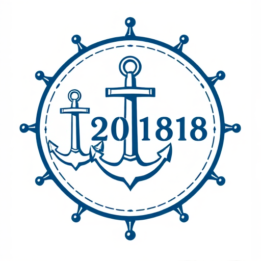 create a nautical-themed emblem graphic featuring two circular designs with an anchor and ship wheel, include the year 2018, use a clean vector style, with a high resolution of 300 dpi, close-up view, digital illustration style, use Adobe Illustrator settings for sharp lines and vibrant colors.