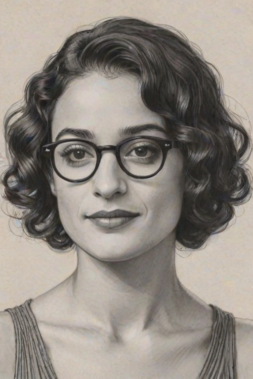 Radiant Jenny Slate, pencil sketch, portrait of Charming woman 1933s in glasses, hair style beatnik, outline, clear lines, fine lines, 8k