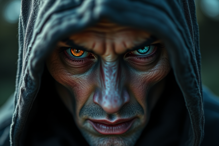 Create a highly detailed portrait of a sinister, hooded figure with one orange eye and one blue eye, showcasing intricate facial features and textures, using a shallow depth of field, shot with a Canon EOS R5 at f/1.8, 50mm lens, natural lighting for dramatic shadows.