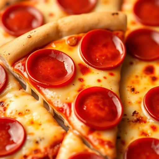 Regenerate an illustration of a slice of pepperoni pizza with melted cheese, focusing on vibrant colors and details, using a DSLR camera with a wide aperture of f/2.8, shot from a slightly overhead angle in natural lighting to enhance texture and depth.