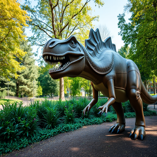 Dinosaur sculpture in a park with vibrant greenery, shot with a DSLR camera at f/4, ISO 200, 1/500 sec, using a wide-angle lens for a low-angle perspective and clear focus on the subject.