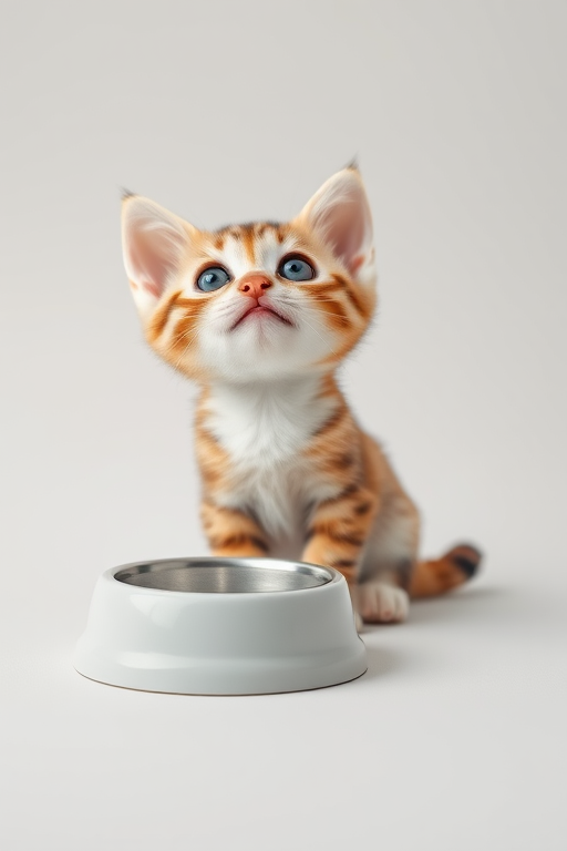 Create a cute cartoon-style image of a curious kitten looking up with a playful expression sitting next to an empty food bowl on a light gray background, using a DSLR camera with a 50mm lens, aperture set to f/2.8, ISO 100, and a soft natural light source for enhanced image quality.
