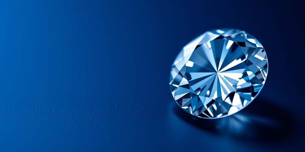 high-resolution macro shot of a sparkling diamond on a dark blue background, ISO 100, f/2.8, shutter speed 1/200 sec, 50mm lens, studio lighting with soft focus effect