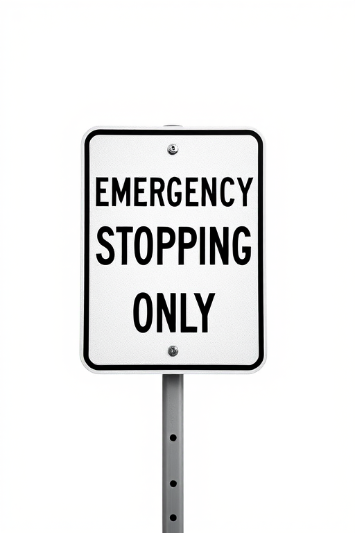 Create a high-resolution image of a black and white road sign that reads "EMERGENCY STOPPING ONLY" centered on a clean white background, taken with a DSLR camera at f/5.6, ISO 200, 1/250 sec shutter speed, with a straight-on perspective and a soft focus effect to enhance clarity.