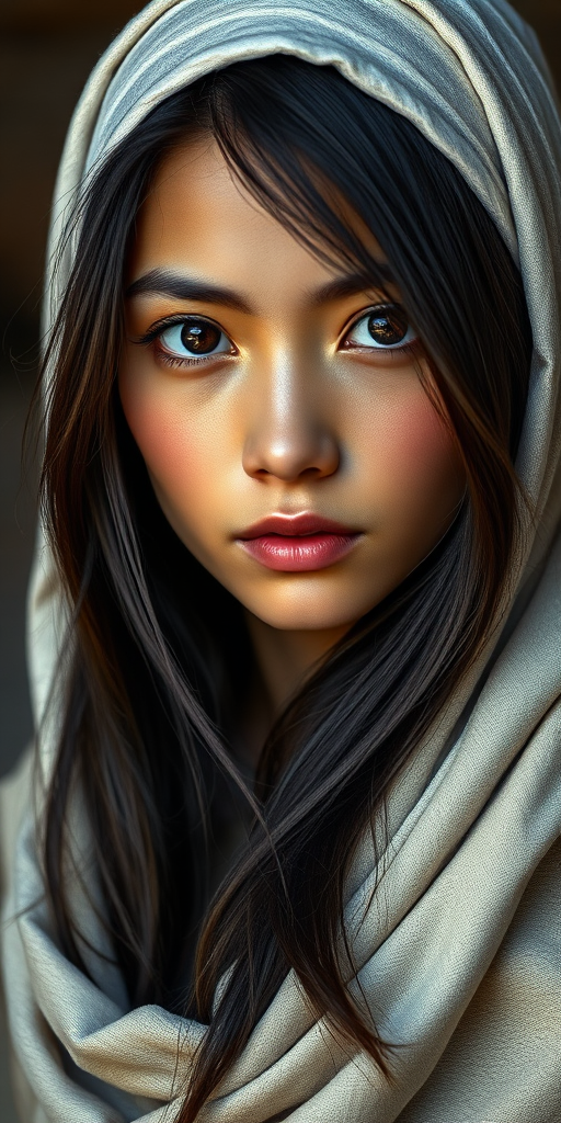 Create a portrait of a young Mongolian woman with long, dark hair and captivating hazel eyes. She is wearing a white headscarf and a matching scarf draped gracefully around her neck. The background is softly blurred, focusing attention on her serene and natural expression. The overall color palette is muted and warm, enhancing the intimate and authentic feel of the portrait.