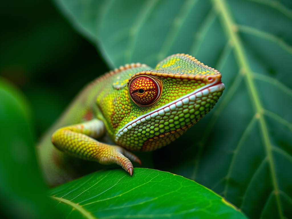 Sharp close-up of a chameleon blending into a lush green branch, its textured skin subtly shifting in hue, with the intricate veins of leaves in the background.