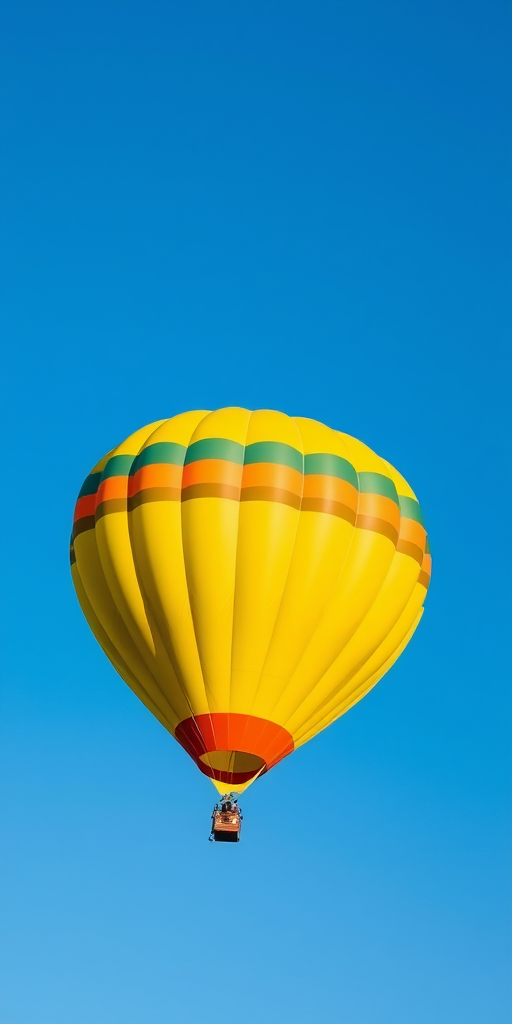 Create a high-resolution digital illustration of a vibrant yellow hot air balloon with green and orange stripes against a clear blue sky, captured with a Canon EOS R5 at f/8, ISO 100, and a shutter speed of 1/400s from a slightly elevated angle to emphasize its shape and colors.