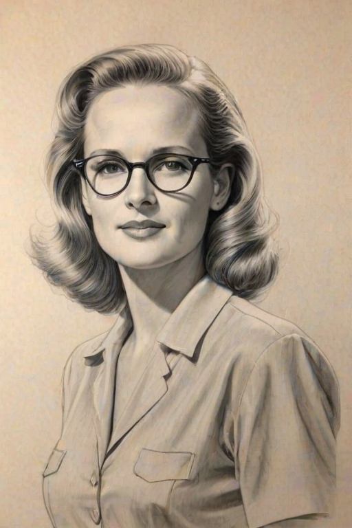 Magnificent Helen Hunt, pencil sketch, portrait of Radiant woman 1940s in glasses, hair style beatnik, outline, clear lines, fine lines, 8k