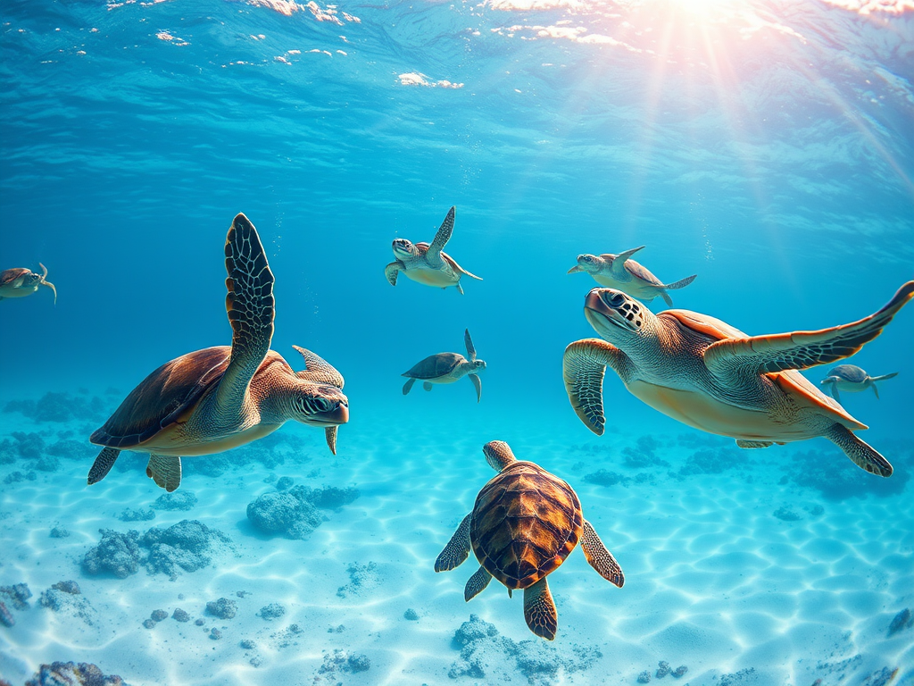 a vibrant underwater scene featuring multiple sea turtles swimming gracefully, captured with a Canon EOS 5D Mark IV, 24mm lens, f/8 aperture, ISO 400, 1/200s shutter speed, with a wide-angle perspective and natural sunlight filtering through the water for enhanced clarity and color richness