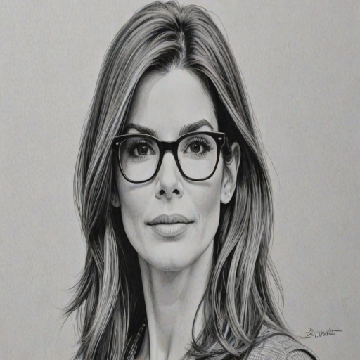 Graceful Sandra Bullock, pencil sketch, portrait of Sublime woman 1965s in glasses, hair style beatnik, outline, clear lines, fine lines, 8k