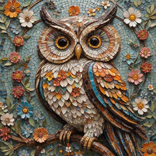 A mosaic of floral owls, one owl intricately composed of individual flower blossoms. The design showcases a delicate balance of nature and form, where the feathers of the owls are replaced by vibrant petals and blooms. The overall appearance is whimsical yet detailed, with each floral element contributing to the intricate patterns of the owl’s body. The artwork embraces a raw, organic style, with natural hues and soft textures, creating a harmonious blend of flora and fauna. The mosaic arrangement adds depth and visual intrigue to the piece, evoking a sense of wonder and artistic beauty.