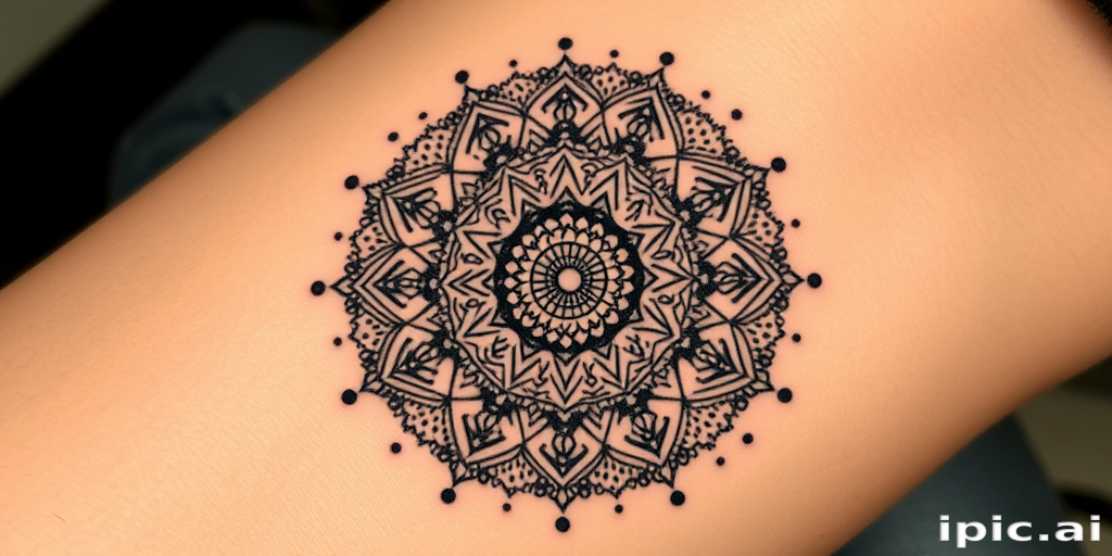 Dotwork mandala tattoo named "Cosmic Symmetry" featuring an intricate circular design composed of thousands of tiny dots, representing the universe's interconnectedness, renowned for its meticulous detail and meditative quality