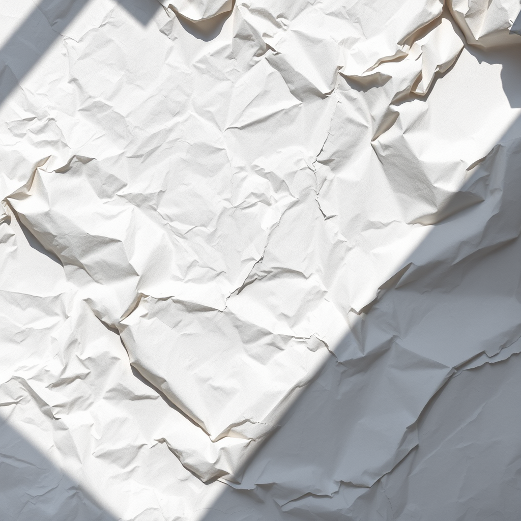 Create a high-resolution image of a crumpled white paper background with soft shadows, shot with a DSLR camera at f/4 aperture, ISO 100, 50mm lens, in natural light from a side window for enhanced texture and depth.