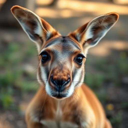 A close-up portrait of a kangaroo in a natural setting with a shallow depth of field, aperture f/2.8, ISO 400, shutter speed 1/250s, 85mm lens, soft afternoon light, DSLR camera.