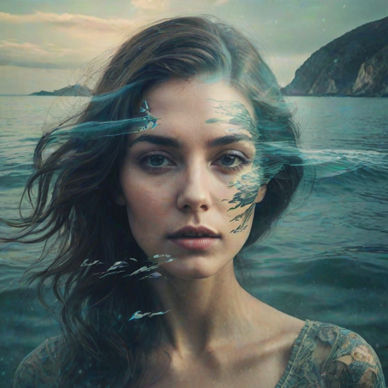 design Book cover, A surreal double exposure portrait that blends a woman's face with a beautiful seascape. The overall mood is dreamy and mystical, with rich colors and intricate details