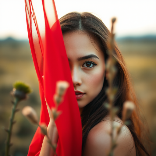 Capture a portrait of a woman partially obscured by a sheer red fabric in a natural landscape, using a full-frame DSLR camera, 85mm lens, aperture f/1.8, ISO 100, shutter speed 1/200s, soft focus background, and warm color tones for enhanced depth and detail.