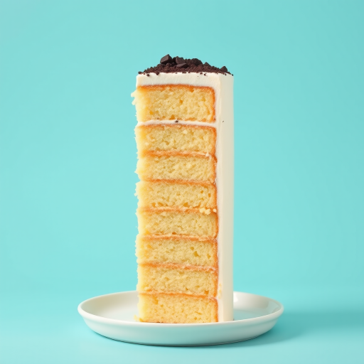 Create an image of a tall, layered cake with light yellow sponge layers and a creamy frosting. The cake should have a textured top sprinkled with chocolate crumbs. Place it on a simple white plate against a vibrant turquoise background.