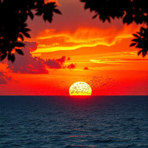 sunset over a calm ocean with vibrant orange and red hues, dramatic clouds illuminated by the setting sun, silhouetted leaves framing the top corners, large flock of birds flying in the distance, shot using a DSLR camera, aperture f/11, shutter speed 1/200s, ISO 100, focal length 24mm, wide-angle view