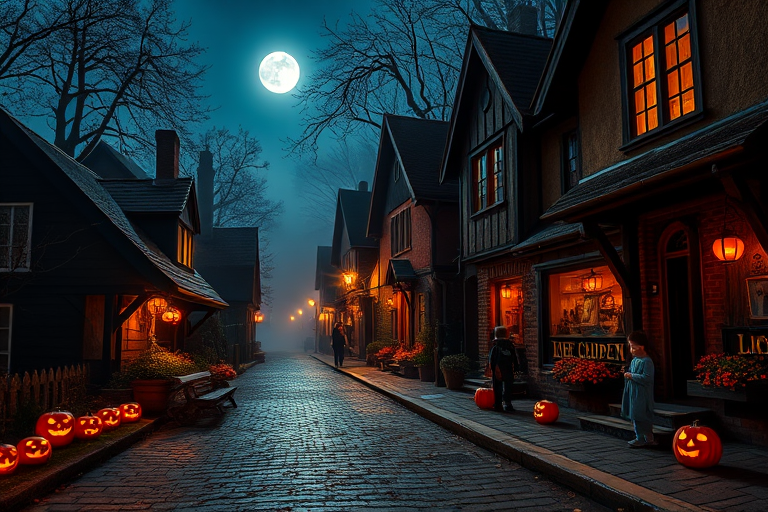 A quaint village street bathed in moonlight during Halloween night, featuring cobblestone paths lined with glowing jack-o'-lanterns, spooky fog, and costumed children, captured with a Canon EOS R5, ISO 100, f/2.8, 24mm lens, HDR style for enhanced detail and vibrant colors.