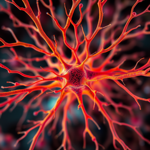Generate a high-resolution microscopic image of interconnected neurons, using a 100mm macro lens with f/2.8 aperture, ISO 100, 1/200s shutter speed, top-down perspective, in vibrant colors and detailed textures, resembling a biological network.