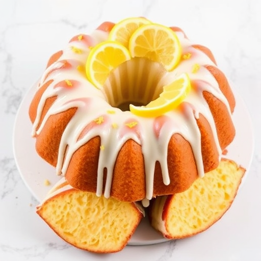 A beautifully decorated lemon bundt cake with a glossy white icing drizzled in a spiral pattern topped with bright yellow lemon zest slices and several slices of the cake cut and arranged beside it, all set on a light marble background.