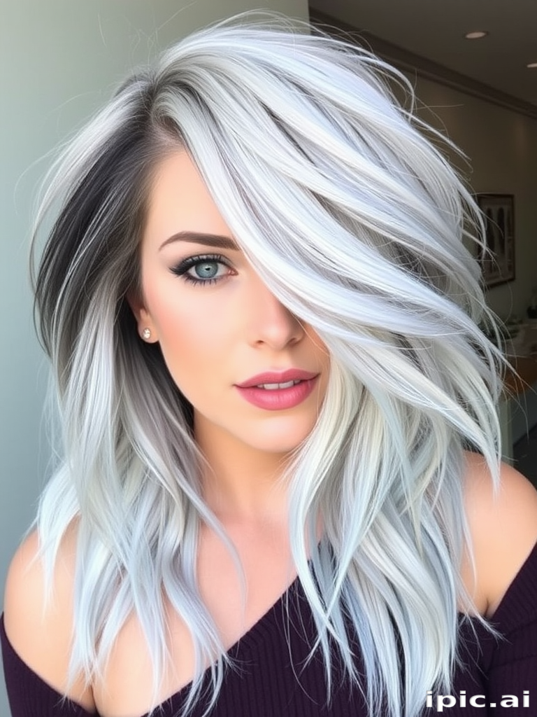 Edgy asymmetrical lob in platinum blonde, featuring dark roots and icy blue tips, styled with tousled waves for a cool, contemporary look