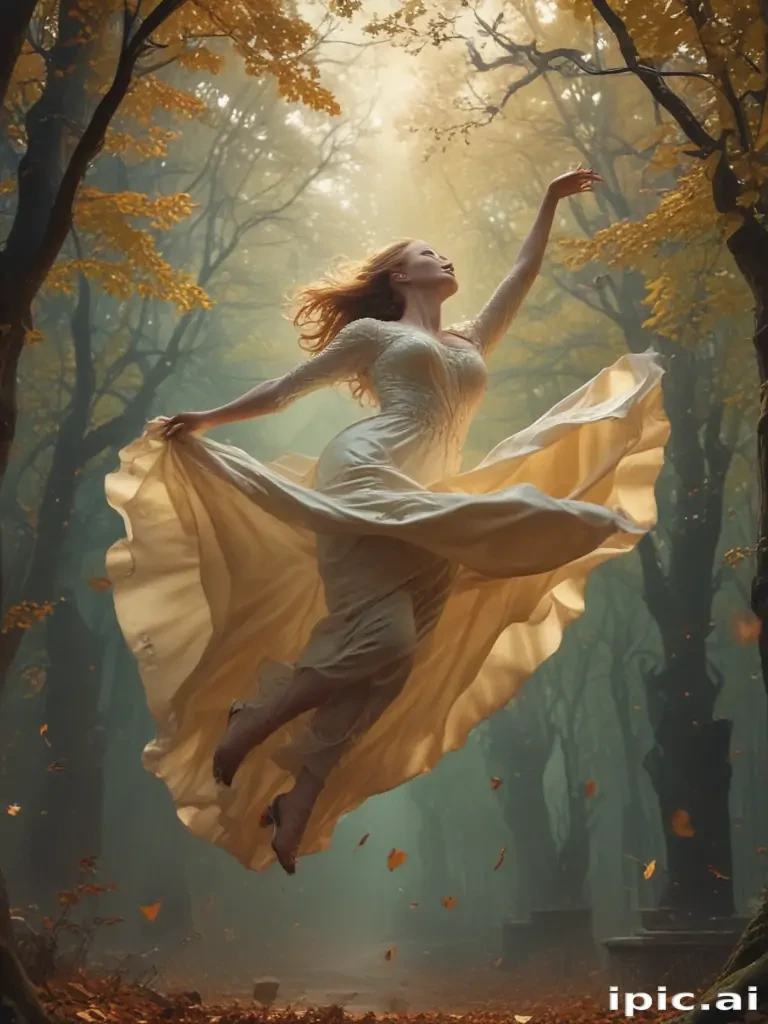 Enchanted Forest Dance: A Graceful Woman in Flowing White Dress