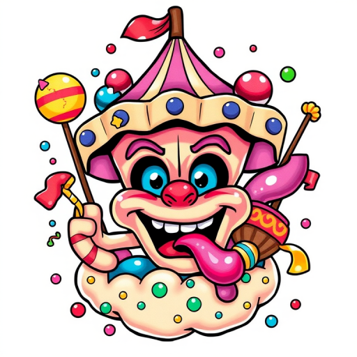 New school tattoo named "Candy Crush Carnival" showcasing exaggerated, cartoonish elements with bright colors and bold outlines in a playful, whimsical style