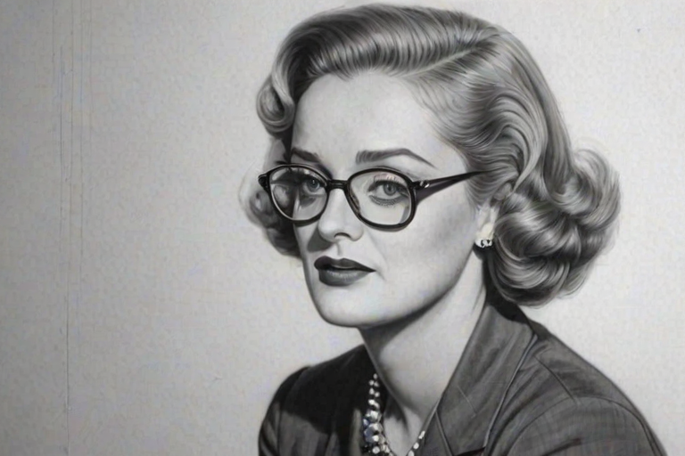 Elegant Bette Davis, pencil sketch, portrait of Ravishing woman 1963s in glasses, hair style beatnik, outline, clear lines, fine lines, 8k