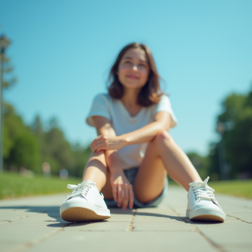 Generate an ultra-realistic, highly detailed, high-definition photograph. It's a photo of a girl sitting on the floor. She's looking at the horizon. The photo is taken from the bottom up, at ground level. The girl's sneakers are in the foreground, in the center of the scene. The girl is wearing light clothes, a t-shirt and short shorts. The sky is blue. Bright environment. The background is a blurred image of a park.