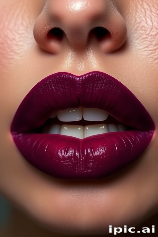 Luscious berry-stained pout boasts a matte finish, showcasing deep purple hues that fade into rich burgundy, capturing attention with its bold and dramatic appearance