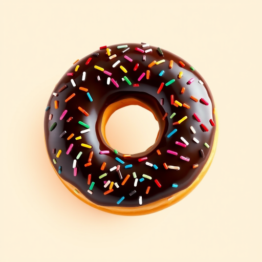 Create a high-resolution illustration of a chocolate-covered donut with colorful sprinkles on a light beige background, using a 50mm lens, f/2.8 aperture, natural lighting, shot in a studio environment with a digital camera.