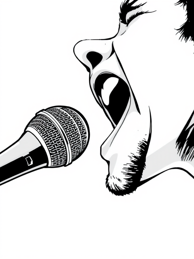 Generate a high-contrast black and white illustration of a person yelling into a microphone, close-up view, with a shallow depth of field, using a DSLR camera at f/2.8 aperture, ISO 100, and 50mm lens.