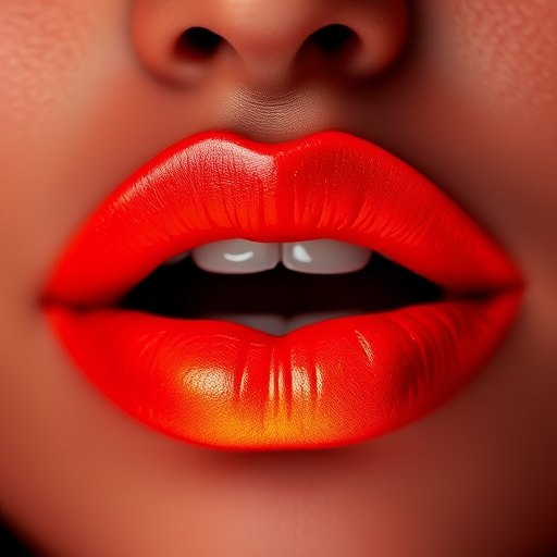Fiery ombre lips transitioning from deep red to bright orange, mimicking the intense colors of flames with a subtle shimmer throughout